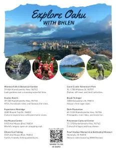 Travel brochure of Oʻahu tours and excursions with Bhlen QR code showing how static brochures come to life with digital guides.