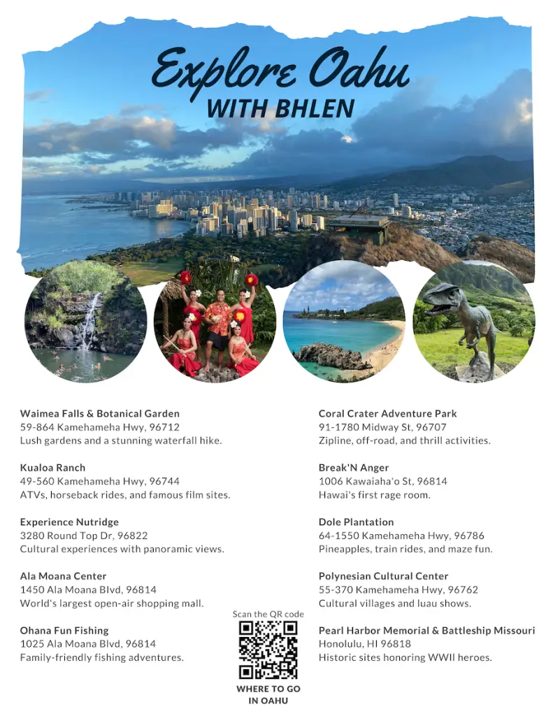 Travel brochure of Oʻahu tours and excursions with Bhlen QR code showing how static brochures come to life with digital guides.