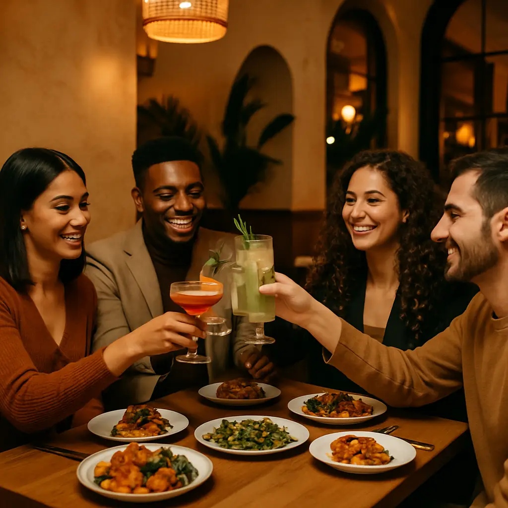 Group of friends sharing cocktails and small plates at a warm, modern restaurant, capturing a cozy Friendsgiving vibe.