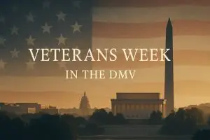 Sunrise view of the Washington Monument, Lincoln Memorial, and U.S. Capitol with an American flag overlay and the text ‘Veterans Week in the DMV.’
