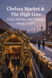 View from the High Line overlooking Chelsea Market with The Edge observation deck rising above the New York City skyline.