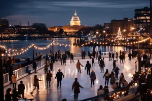 Ice skaters at a holiday rink on the Georgetown waterfront with string lights, river views, and the U.S. Capitol glowing in the background during December.