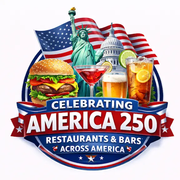 Patriotic logo for Celebrating America 250: Restaurants & Bars Across America featuring American landmarks, flag elements, food, and cocktails.