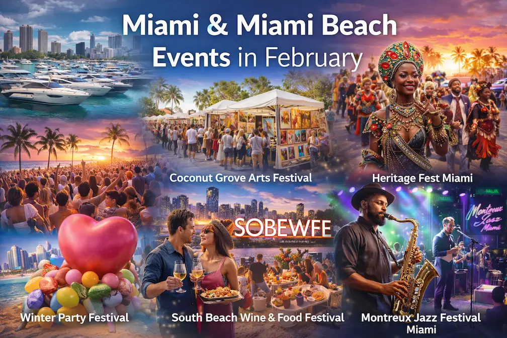 Collage of Miami and Miami Beach February events including boat shows, art festivals, food and wine festivals, cultural celebrations, and live jazz performances.