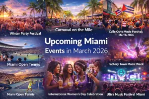 Collage of Miami and Miami Beach events in late winter and early spring including street festivals, music festivals, tennis matches, cultural celebrations, and nightlife crowds.