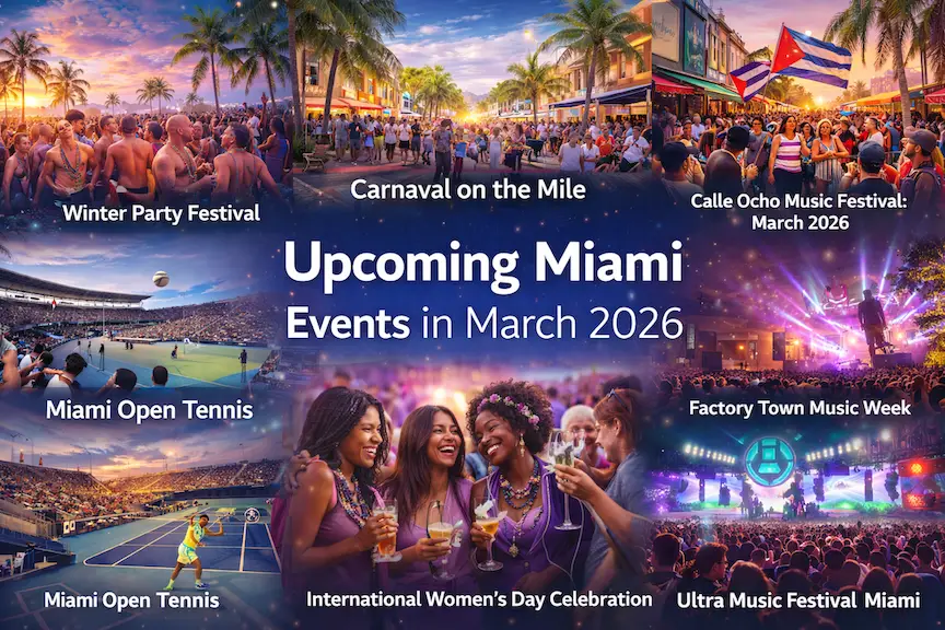 Collage of Miami and Miami Beach events in late winter and early spring including street festivals, music festivals, tennis matches, cultural celebrations, and nightlife crowds.