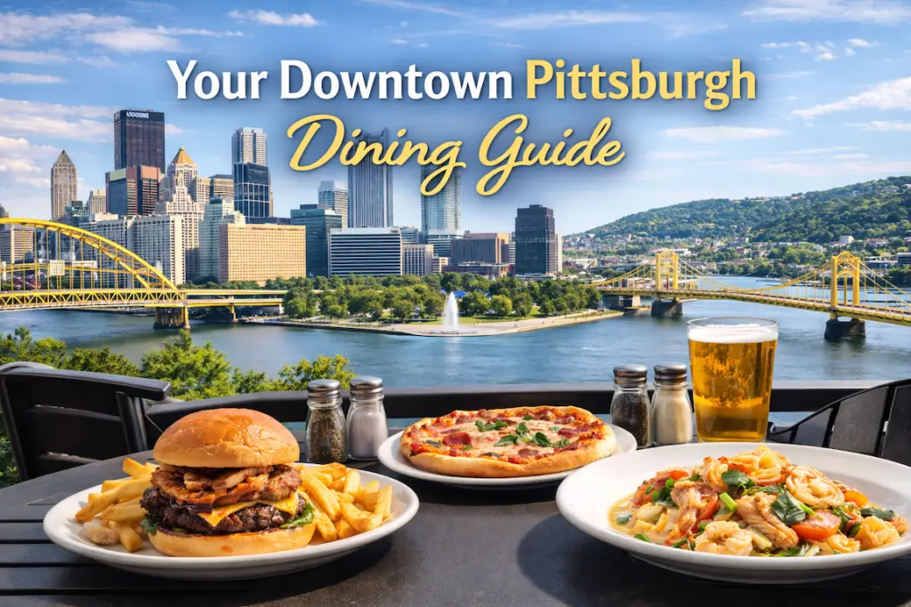 Downtown Pittsburgh skyline with rivers and bridges in the background, featuring restaurant dishes like a burger, pizza, pasta, and a drink in the foreground.