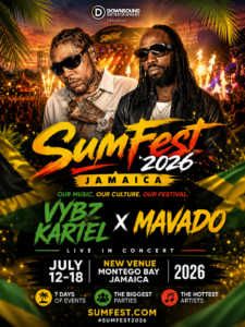 Promotional artwork for Reggae SumFest 2026 in Montego Bay, Jamaica, featuring headliners Vybz Kartel and Mavado performing at Jamaica's premier reggae and dancehall music festival.