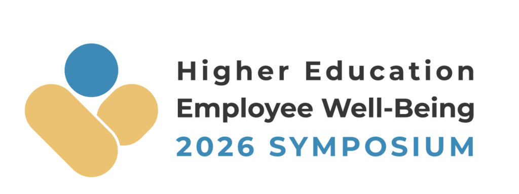 Logo for the 2026 Higher Education Employee Well-Being Symposium featuring the event name and a blue and gold well-being icon.