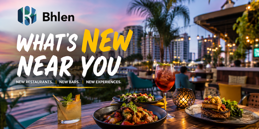 Bhlen What's New Near You guide banner featuring rooftop restaurants, craft cocktails, and new dining experiences in Arlington VA and the DMV area.
