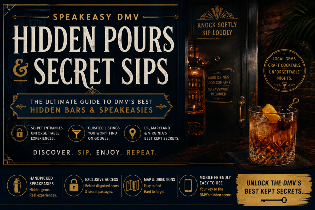 Speakeasy DMV Hidden Pours & Secret Sips graphic featuring a hidden bar entrance, craft cocktail, and guide to speakeasies across DC, Maryland, and Virginia.